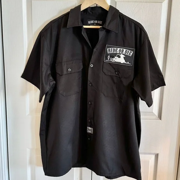 Ride or Die Black Workwear Button Up Shirt Biker Graphic M - Picture 3 of 10